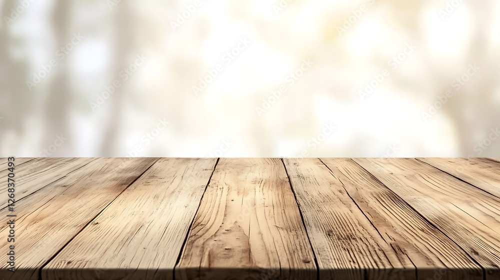 Poster a rustic wooden table captured with a blurred neutral gradient background, perfect for interior desi