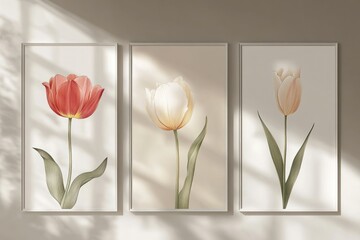 Set of minimalist vertical posters featuring delicate full color flowers drawn in smoky line art style, each poster highlighting a single bloom like a rose, tulip, and daisy, with soft neutral 