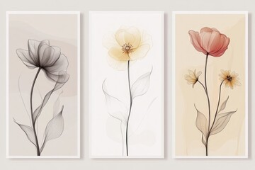 Set of minimalist vertical posters featuring delicate full color flowers drawn in smoky line art style, each poster highlighting a single bloom like a rose, tulip, and daisy, with soft neutral 