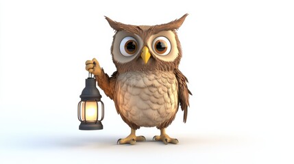 Obraz premium Cute cartoon owl holding a lantern in a bright white background