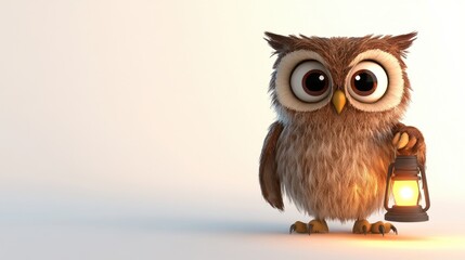 Naklejka premium Cute cartoon owl holding a lantern in warm, cozy ambiance