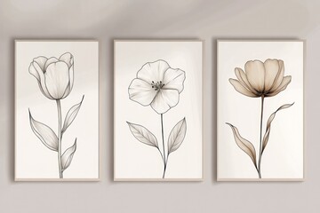 Set of three minimalist vertical posters featuring delicate flowers drawn in smoky line art style, each poster highlighting a single bloom like a rose, tulip, and daisy, with soft neutral backgrounds.