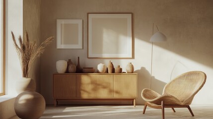 Sunlit room, wooden sideboard, wicker chair, interior design mockup