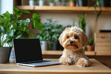 Adorable Puppy at Work: A Fluffy Friend and Laptop