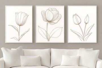 Set of three minimalist vertical posters featuring delicate flowers drawn in smoky line art style, each poster highlighting a single bloom like a rose, tulip, and daisy, with all color soft neutral 