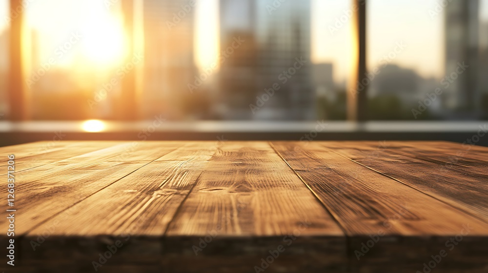 Poster rustic wooden table with a blurred background, perfect for design and decor projects.