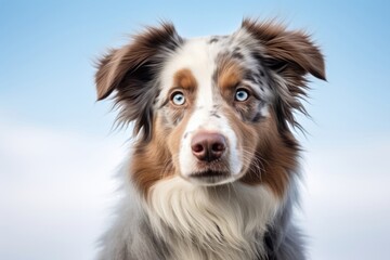 Australian shepherd dog with blue eyes against blue sky background. Pet portrait for National Dog Day, World Animal Day, World Pet Day and animal health events