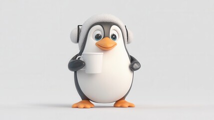 Fototapeta premium Cute Cartoon Penguin with Coffee Cup and Winter Hat