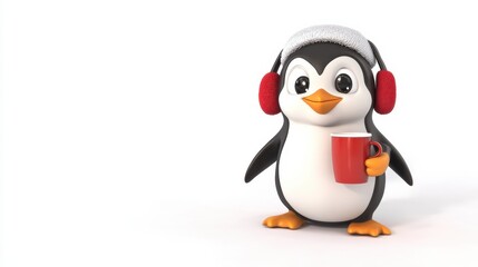 Obraz premium Cute Penguin Character Wearing Headphones and Holding a Mug