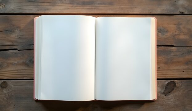 Single open book with blank pages placed on a wooden table in soft natural lighting