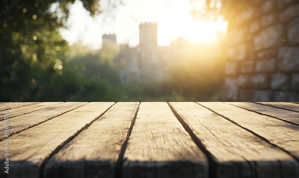 Aufkleber A rustic wooden table set with a blurred medieval background in a stock image.