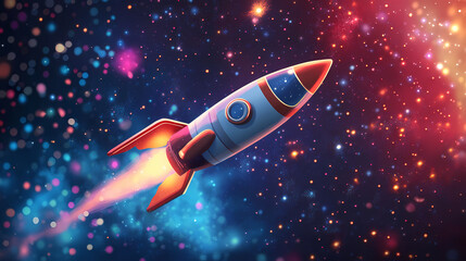 Cute cartoon rocket ship flying through space with stars and nebulae. Dream-Bound Astronauts. Illustration