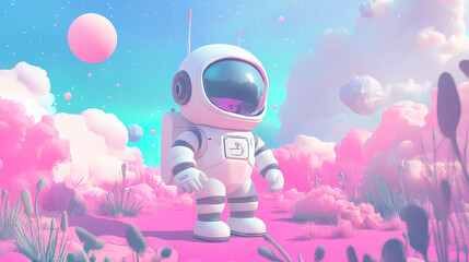 Cute robot baby in pastel dreamland - pastel colors. Dream-Bound Astronauts. Illustration