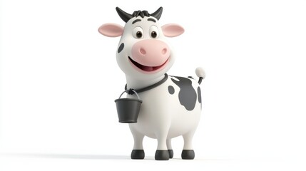 Cute Cartoon Cow Character with Bucket, Cheerful and Playful Expression