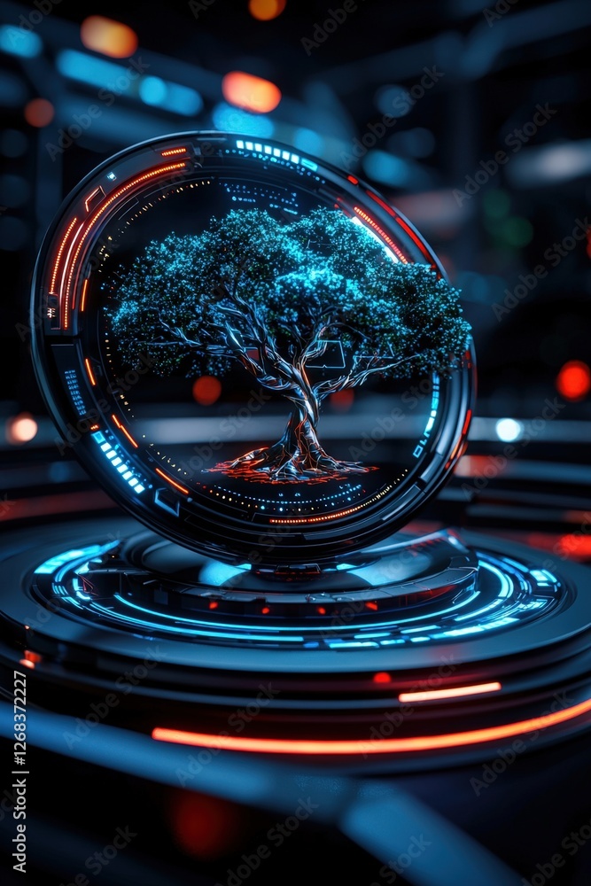 Poster ethical ai and responsible tech use, futuristic digital tree concept with neon lights and technology