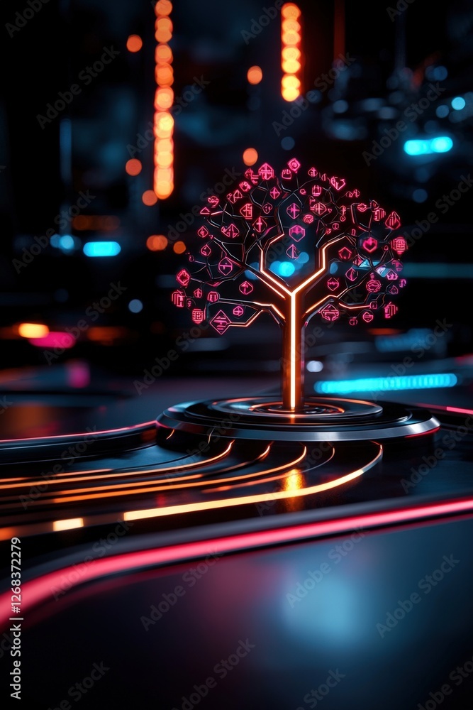 Aufkleber ethical ai and responsible tech use, illuminated digital tree with colorful icons in futuristic desi