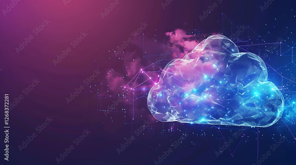 Poster abstract representation of cloud computing, highlighting digital transformation and data network.