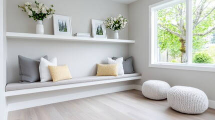 Modern home window seat, cushions,  plants, natural light.  Real estate listing
