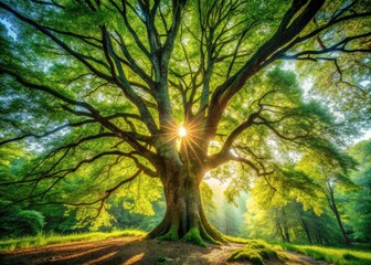 A sunlit tree stands out, its architectural form highlighted against the lush greenery of a peaceful forest.