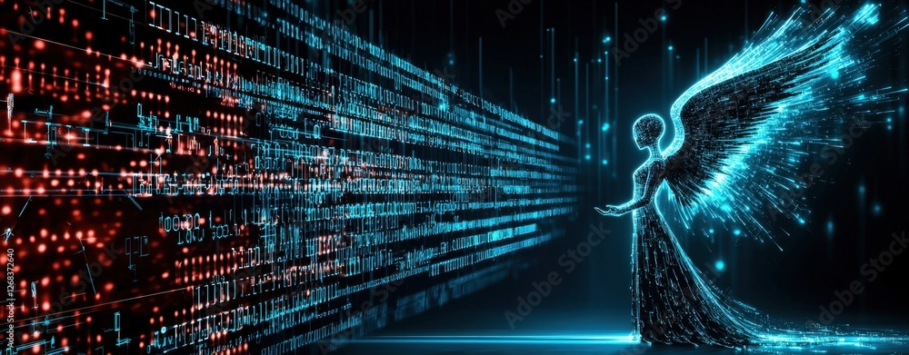 Poster ethical ai and responsible tech use, digital angel embracing technology with flowing data streams an