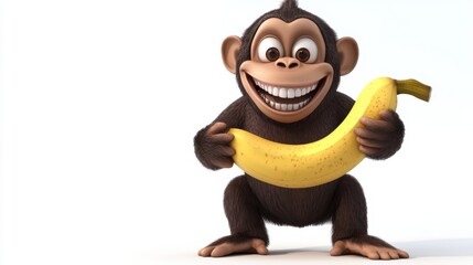 Cute Cartoon Monkey Holding a Bright Yellow Banana in Playful Pose