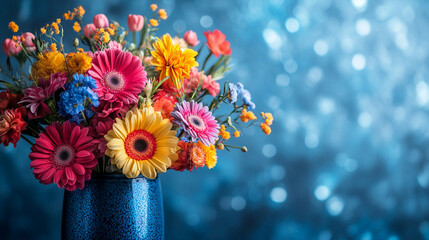 Close-up of a vibrant flower arrangement symbolizing harmony and diversity, set against a modern, bright-toned backdrop with empty space for text, reflecting balance amidst chaos
