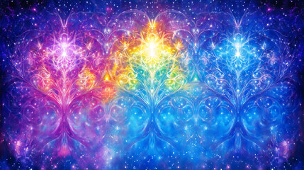 Ethereal Cosmic Trees of Life Interwoven with Celestial Light Showcasing Abstract Spiritual Growth