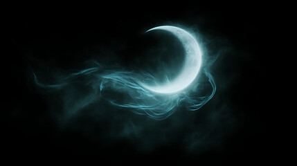 Ethereal Crescent Moon in a Sea of Mist Mystery Dreamscape Celestial Fantasy Abstract Art