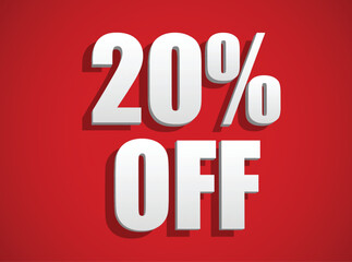 An illustration of Bright and bold promotional banner featuring a 20% discount offer with white 3D text on a red background, ideal for advertising sales and special deals.