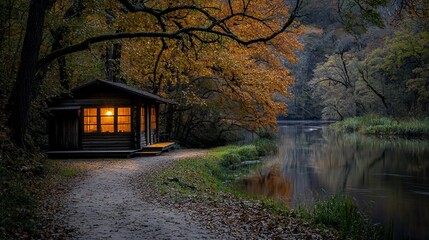 Fototapeta premium Cozy cabin by autumn river at dusk.