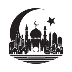 Eid Mubarak Silhouette Vector Illustration, Solid White Background.