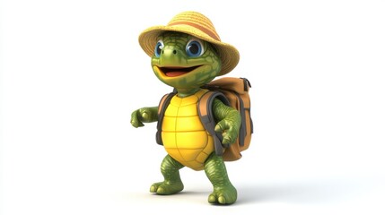 Colorful Cartoon Turtle Character with Backpack and Hat Smiling