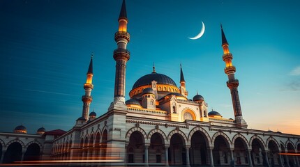 Dynamic motion, high-resolution stock photo. Majestic mosque with towering minarets and grand dome, illuminated by crescent moon and stars.