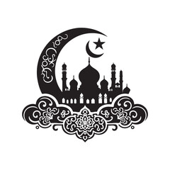 Eid Mubarak Silhouette Vector Illustration, Solid White Background.