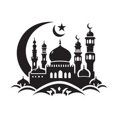 Eid Mubarak Silhouette Vector Illustration, Solid White Background.