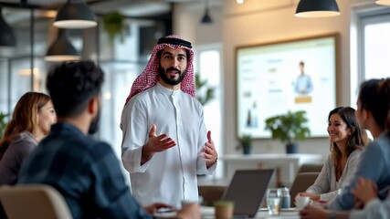 Arab businessman leading a team meeting in modern office