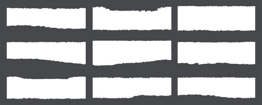 Set of white torn or ripped paper. A long horizontal set of torn pieces of paper vector illustration eps 10. Realistic ripped white paper sheets isolated on transparent background.