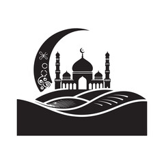 Eid Mubarak Silhouette Vector Illustration, Solid White Background.