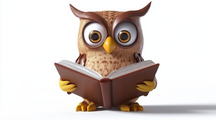 Cute cartoon owl character reading a book with big expressive eyes