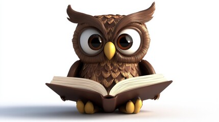 Cute Cartoon Owl Reading Book with Big Round Eyes and Feathers