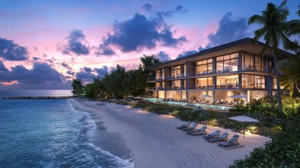 Fototapeta premium Digital illustration of a tranquil beach resort with modern amenities and serene atmosphere --chaos 20 --ar 16:9 --quality 2 --v 6.1 Job ID: 92044b26-5061-4485-b7dc-663c597ade11
