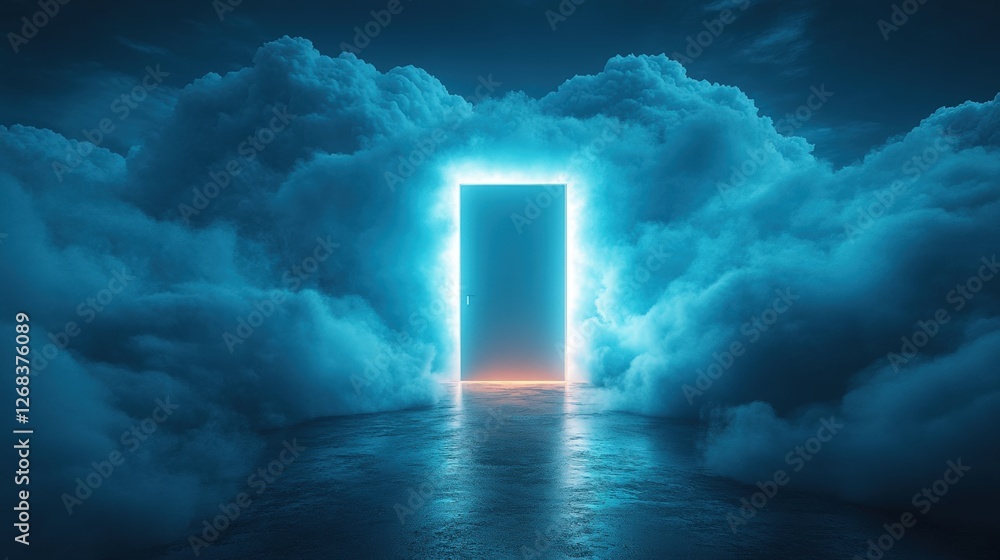 Poster abstract doorway in dark sky with clouds creating a surreal minimalist landscape