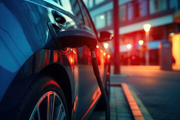 Modern car charging station at night with red illumination and glowing lights. Electric vehicle parked at public charging point in urban area. Sustainable transport concept