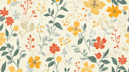 A floral pattern featuring colorful flowers and leaves on a light background.