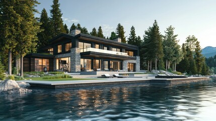 Obraz premium Digital rendering of a serene lakeside retreat with modern architecture and peaceful surroundings --chaos 20 --ar 16:9 --quality 2 --v 6.1 Job ID: 714aabd8-21bc-48f7-beab-20f2077e86b7
