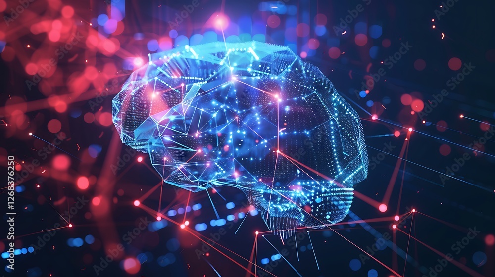 Poster digital brain showcasing innovation and interconnectedness. abstract design with blue and red hues.