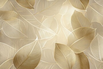 Sophisticated wallpaper design showcasing gold leaves in fine line art on a muted natural background, perfect for fabric and interior decoration.