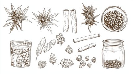 Detailed Illustration of Cannabis Plants, Seeds, and Accessories