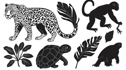 Fototapeta premium Rainforest animals silhouettes; jaguar, monkey, turtle, leaves; nature design