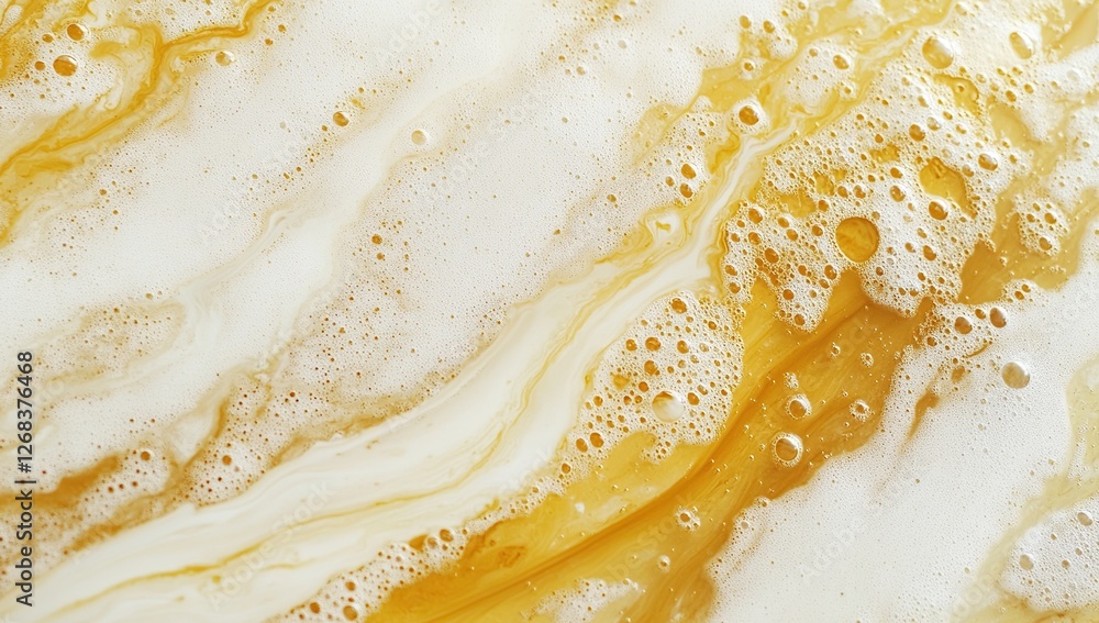 Poster abstract foam texture: golden hues and white bubbles swirl in a relaxing, creamy pattern, creating a